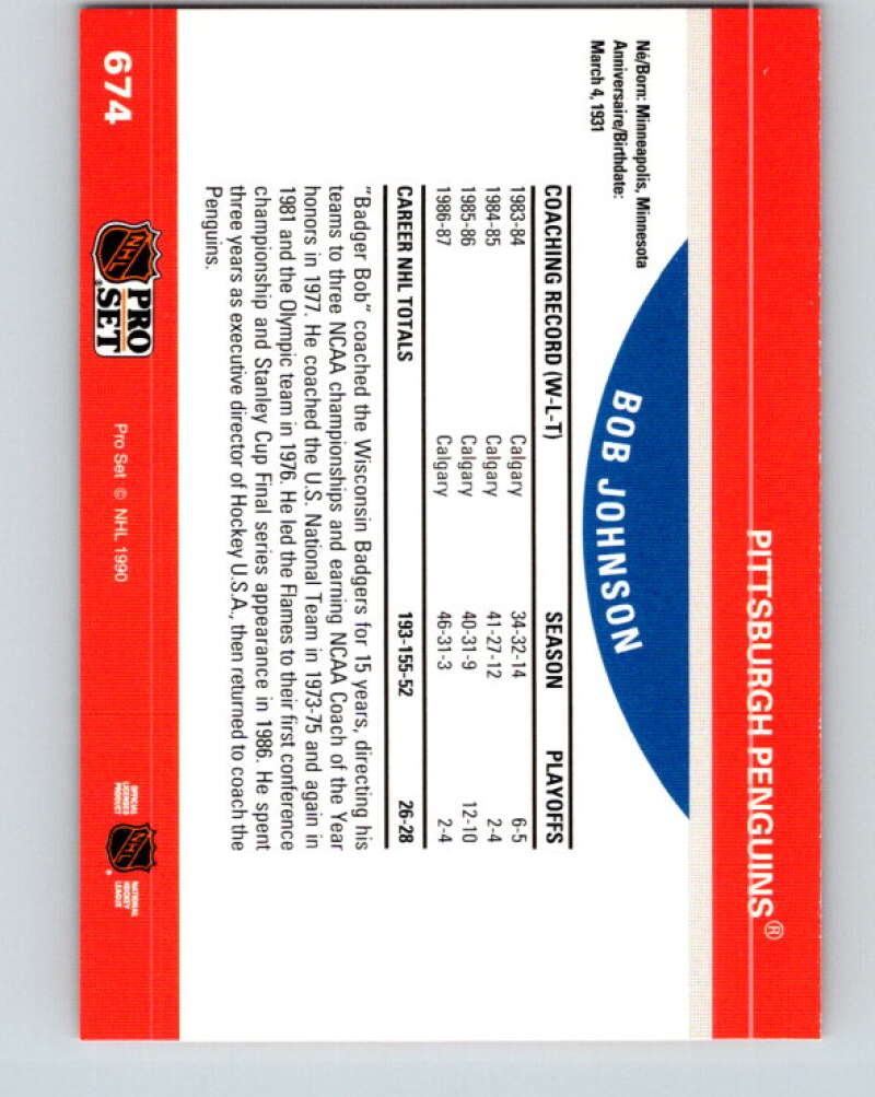 1990-91 Pro Set #674 Bob Johnson CO Mint RC Rookie Penguins