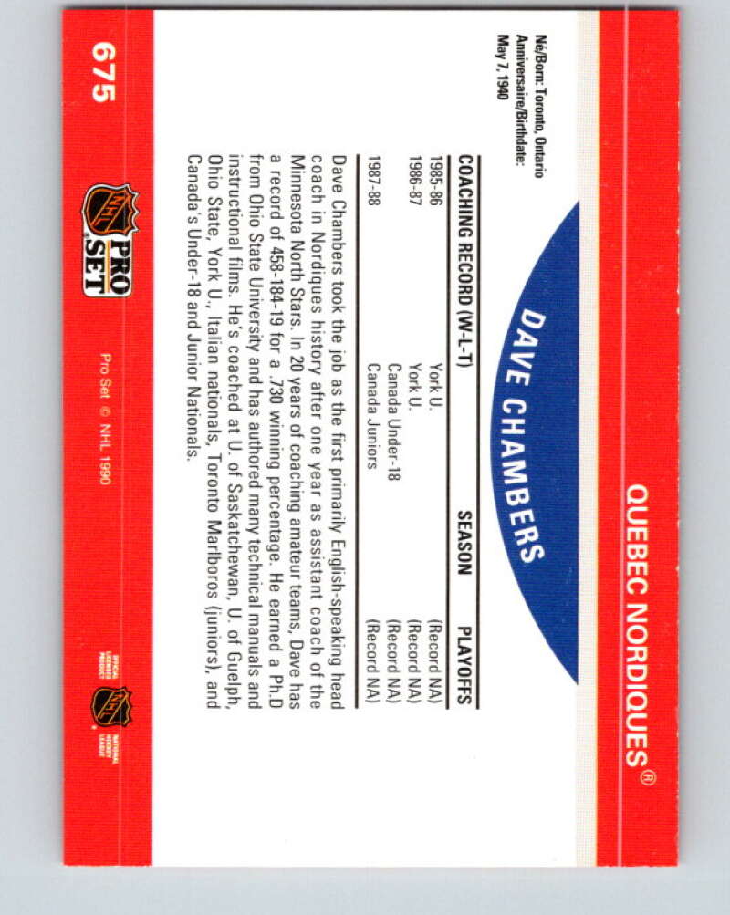 1990-91 Pro Set #675 Dave Chambers CO Mint Quebec Nordiques