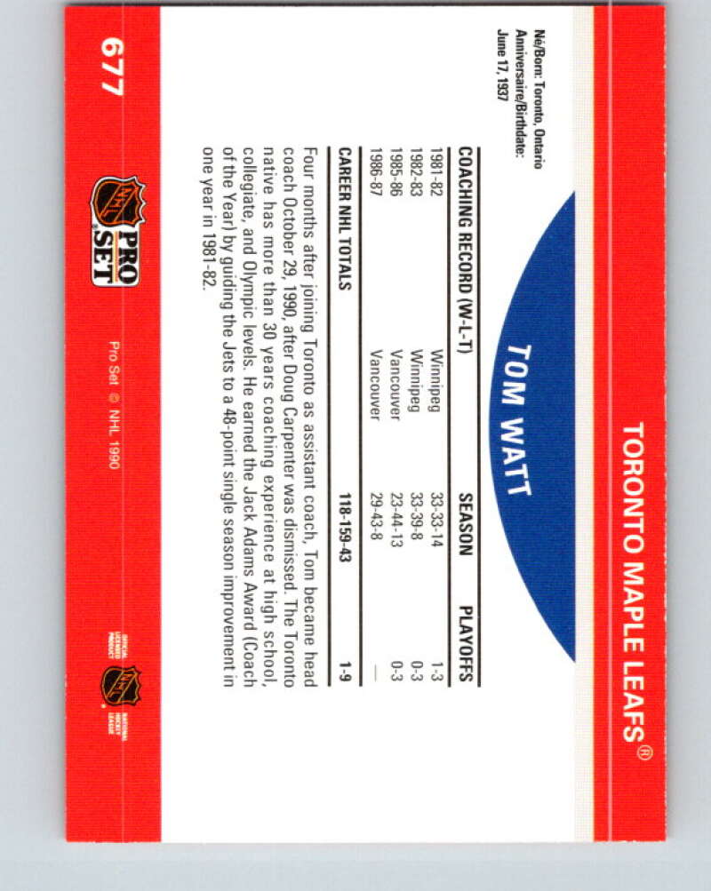 1990-91 Pro Set #677 Tom Watt CO Mint Toronto Maple Leafs