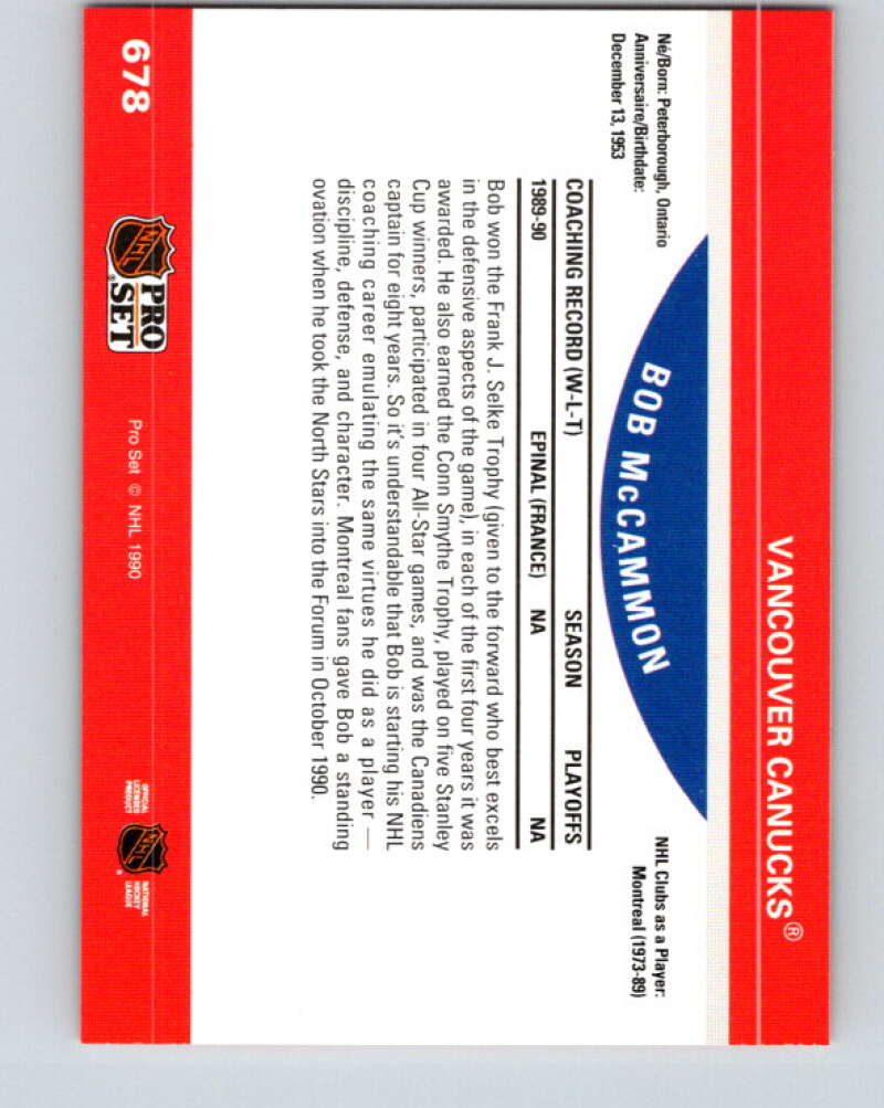 1990-91 Pro Set #678 Bob McCammon CO Mint Vancouver Canucks