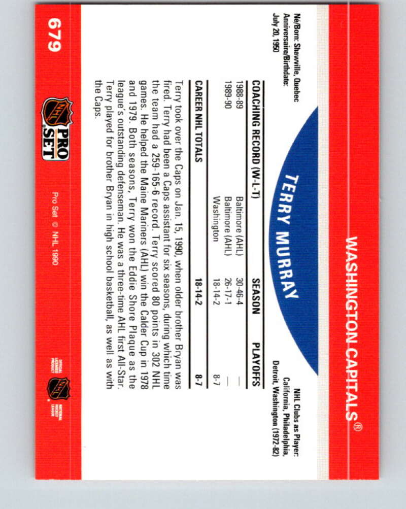 1990-91 Pro Set #679 Terry Murray CO Mint Washington Capitals