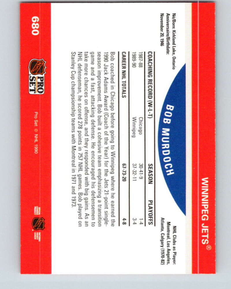 1990-91 Pro Set #680 Bob Murdoch CO Mint Winnipeg Jets