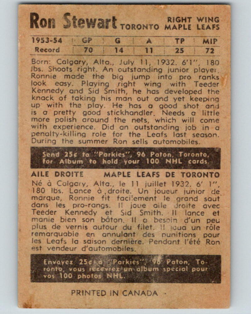 1954-55 Parkhurst #23 Ron Stewart Toronto Maple Leafs V2