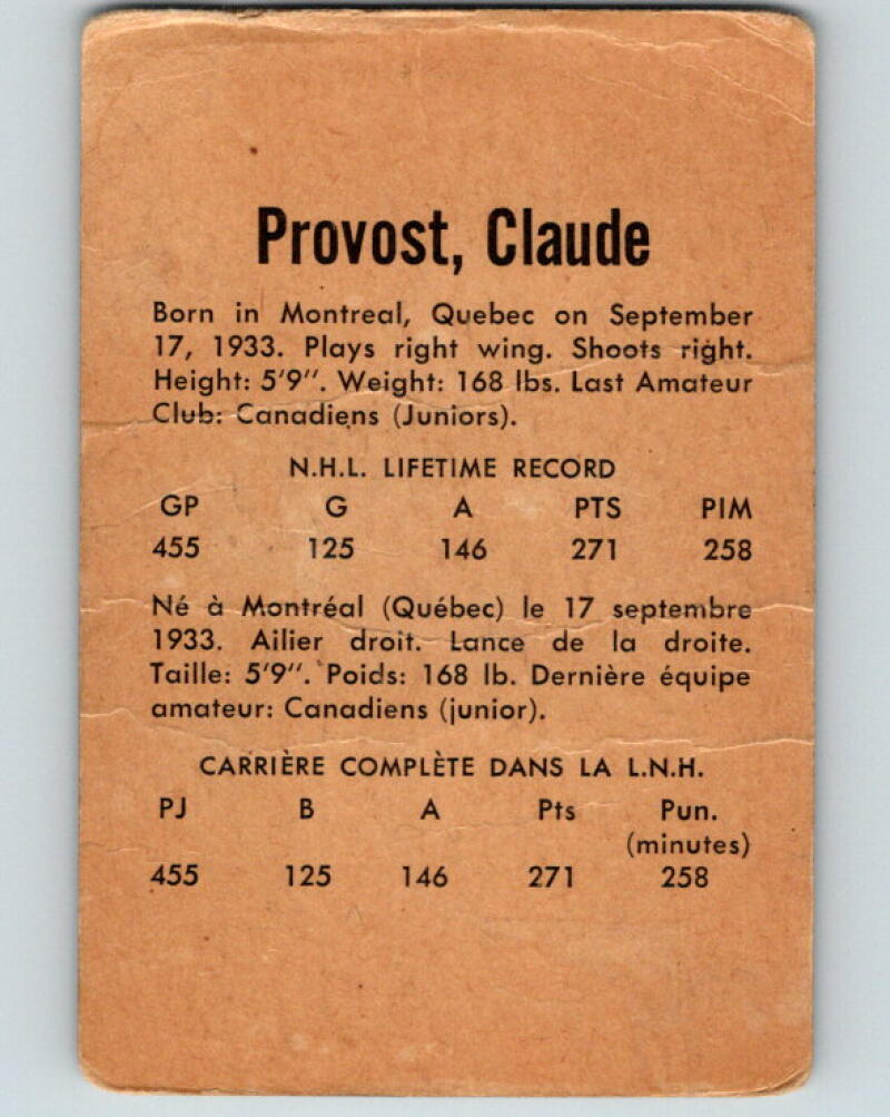 1962-63 Parkhurst #41 Claude Provost Montreal Canadiens V15