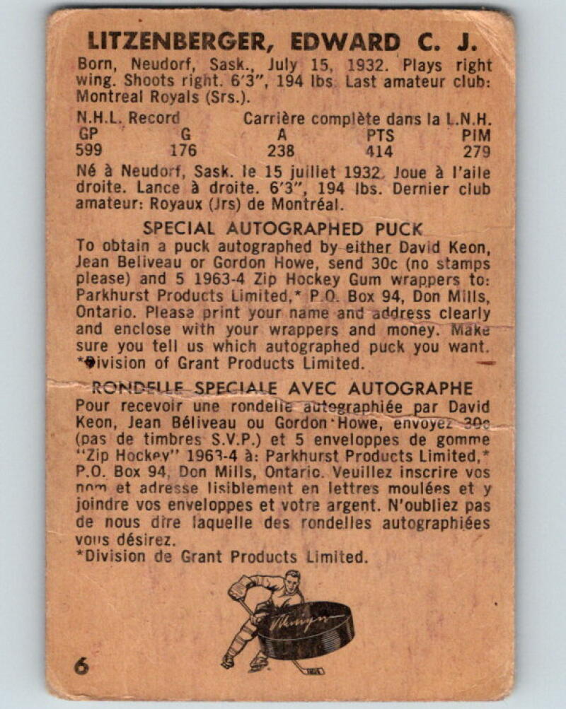 1963-64 Parkhurst #6 Ed Litzenberger Toronto Maple Leafs V18
