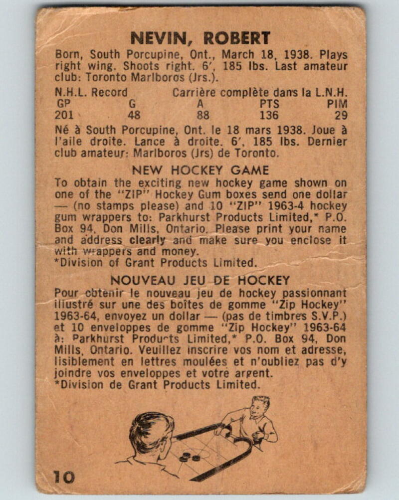 1963-64 Parkhurst #10 Bob Nevin Toronto Maple Leafs V21