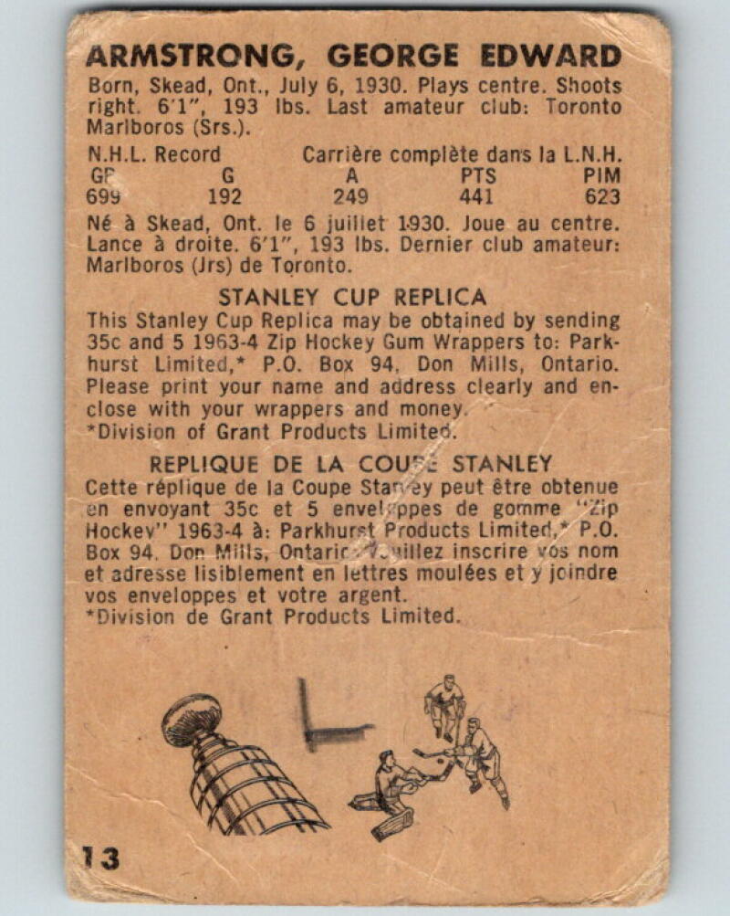1963-64 Parkhurst #13 George Armstrong Toronto Maple Leafs V23