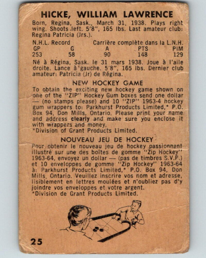 1963-64 Parkhurst #25 Bill Hicke Montreal Canadiens V26