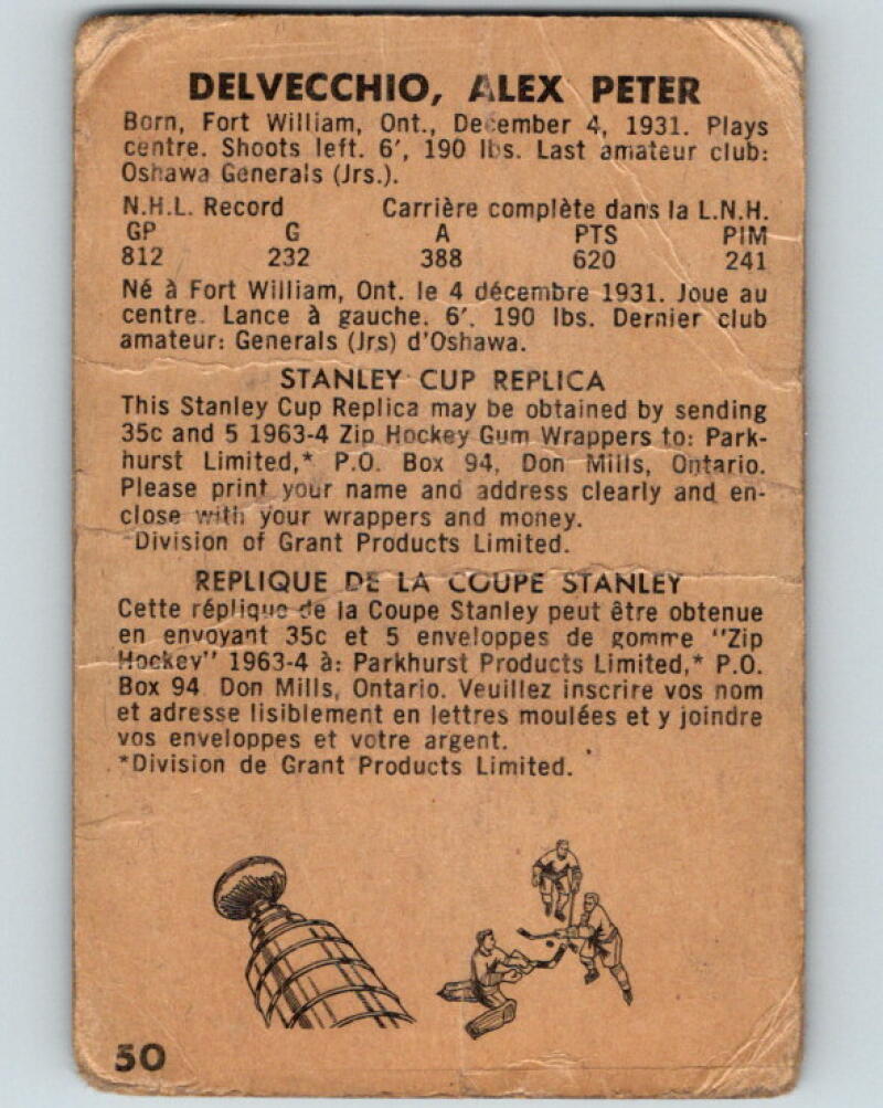 1963-64 Parkhurst #50 Alex Delvecchio Detroit Red Wings V32