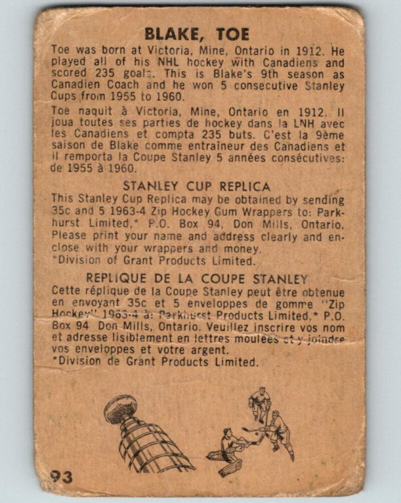 1963-64 Parkhurst #93 Toe Blake CO Montreal Canadiens V93