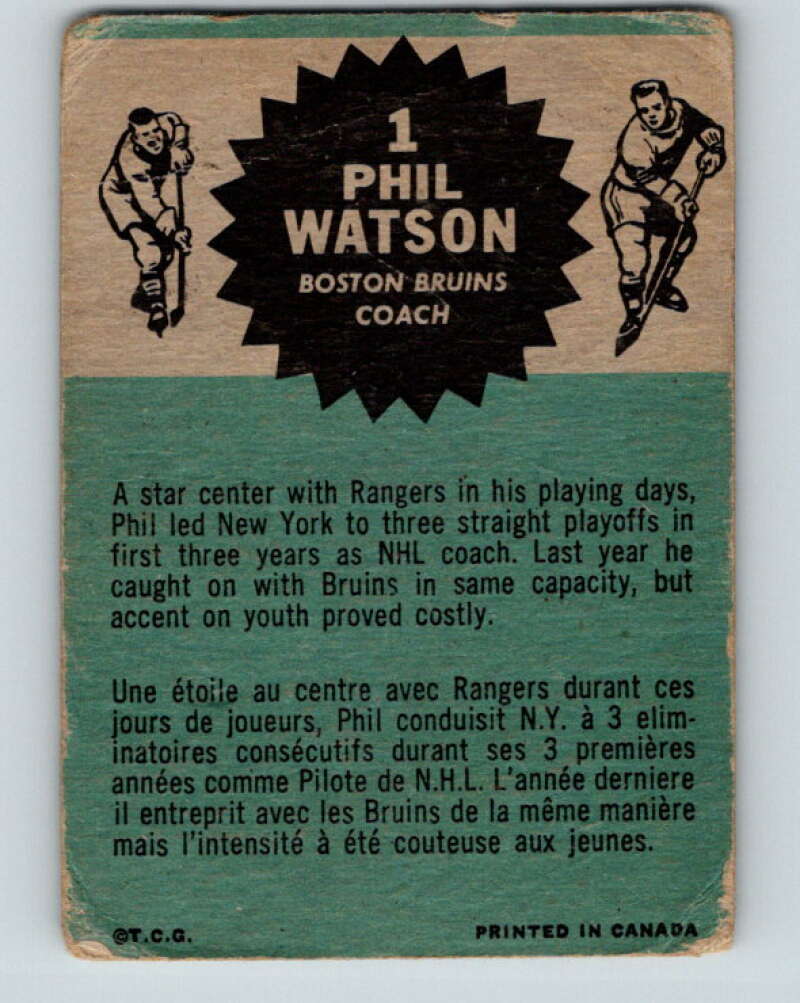 1962-63 Topps #1 Phil Watson CO Boston Bruins V36
