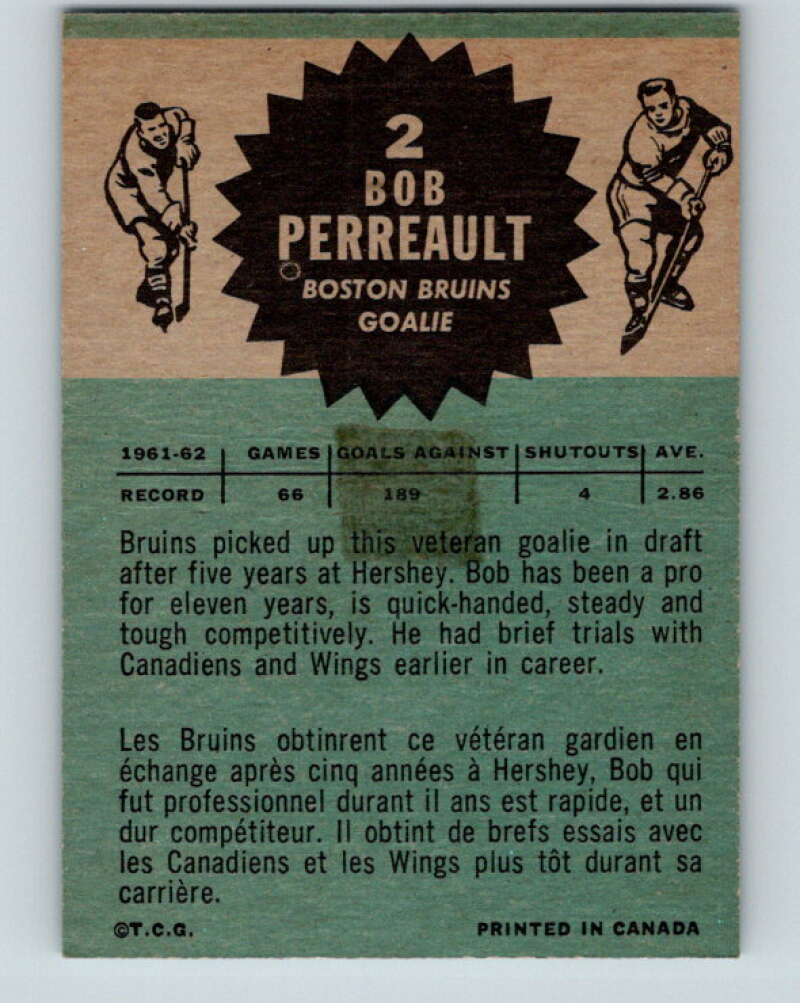 1962-63 Topps #2 Bob Perreault RC Rookie Boston Bruins V37