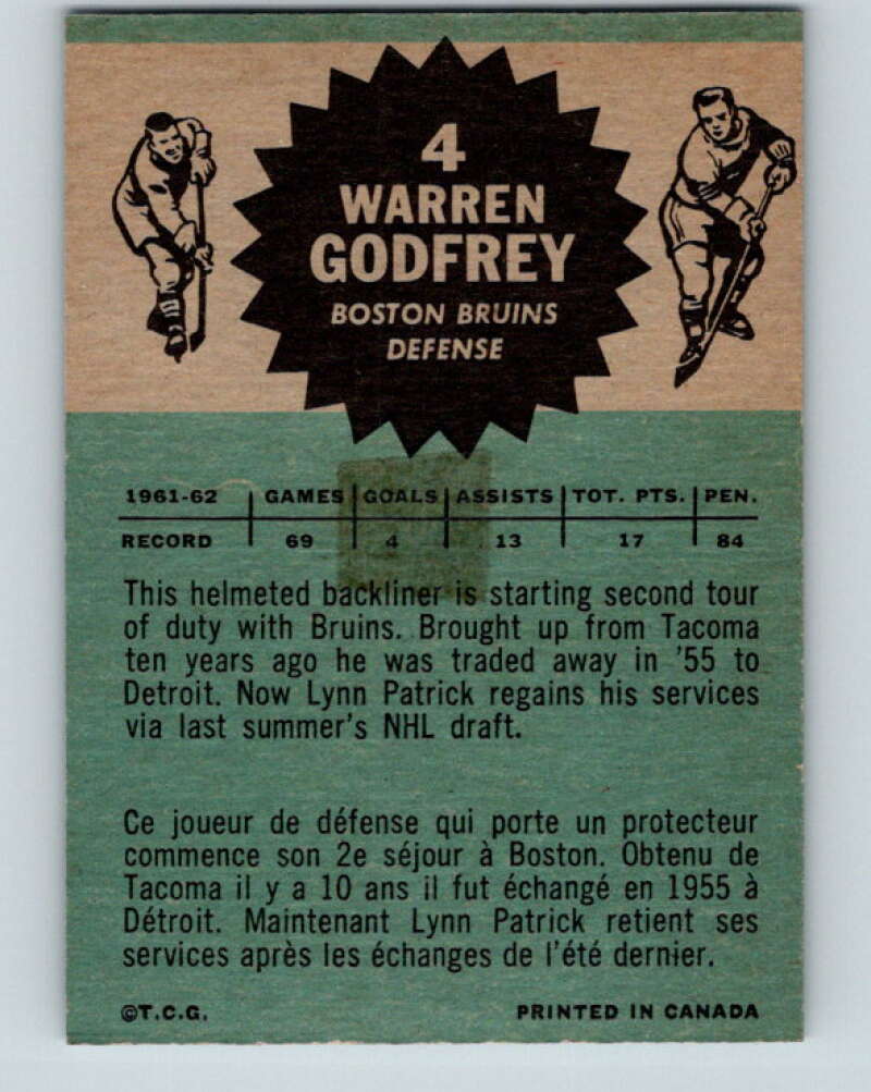 1962-63 Topps #4 Warren Godfrey Boston Bruins V39
