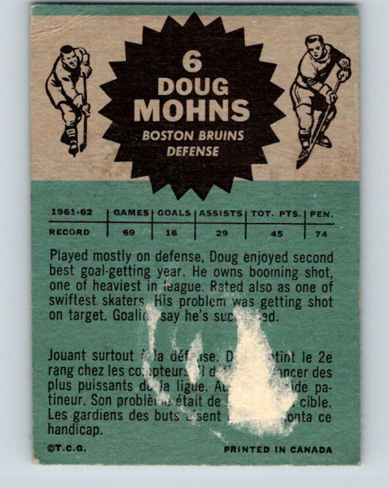 1962-63 Topps #6 Doug Mohns Boston Bruins V41