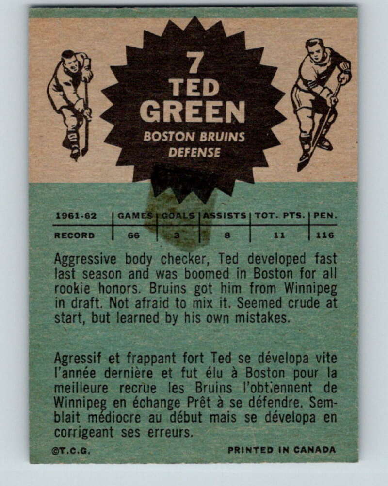 1962-63 Topps #7 Ted Green Boston Bruins V42