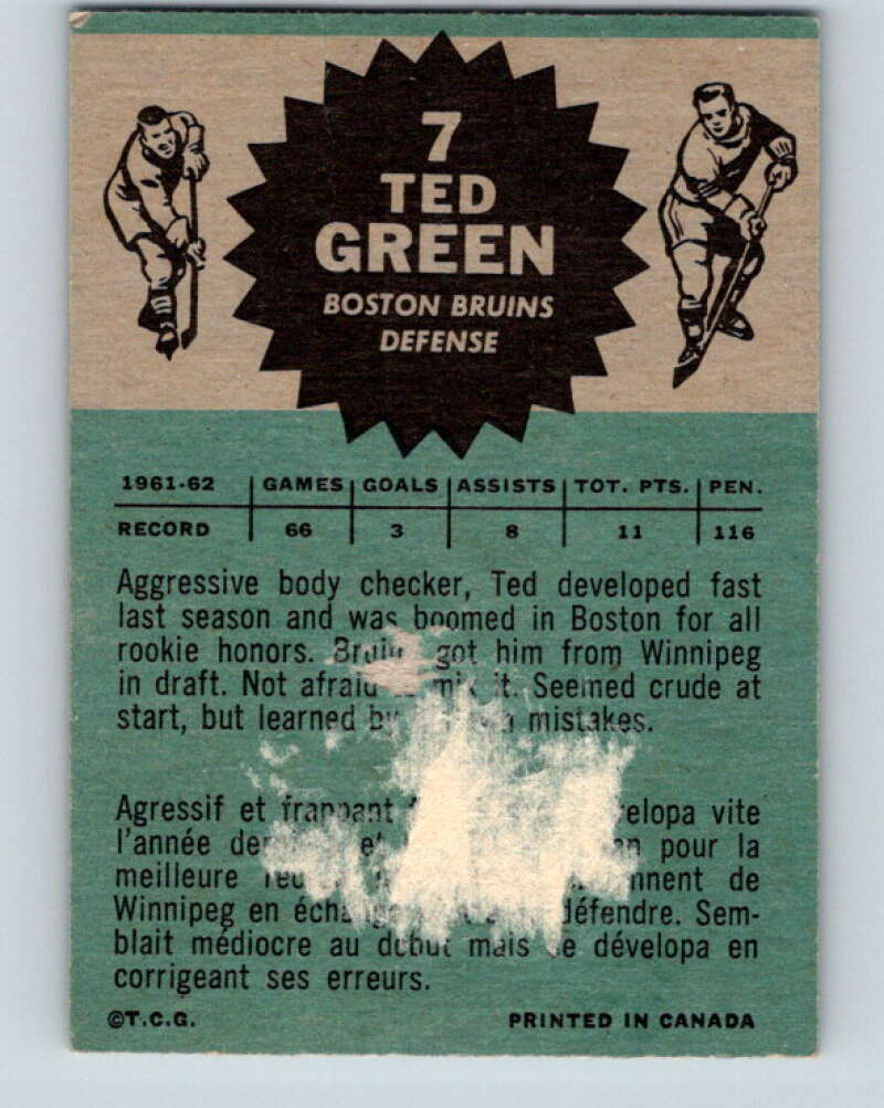 1962-63 Topps #7 Ted Green Boston Bruins V43
