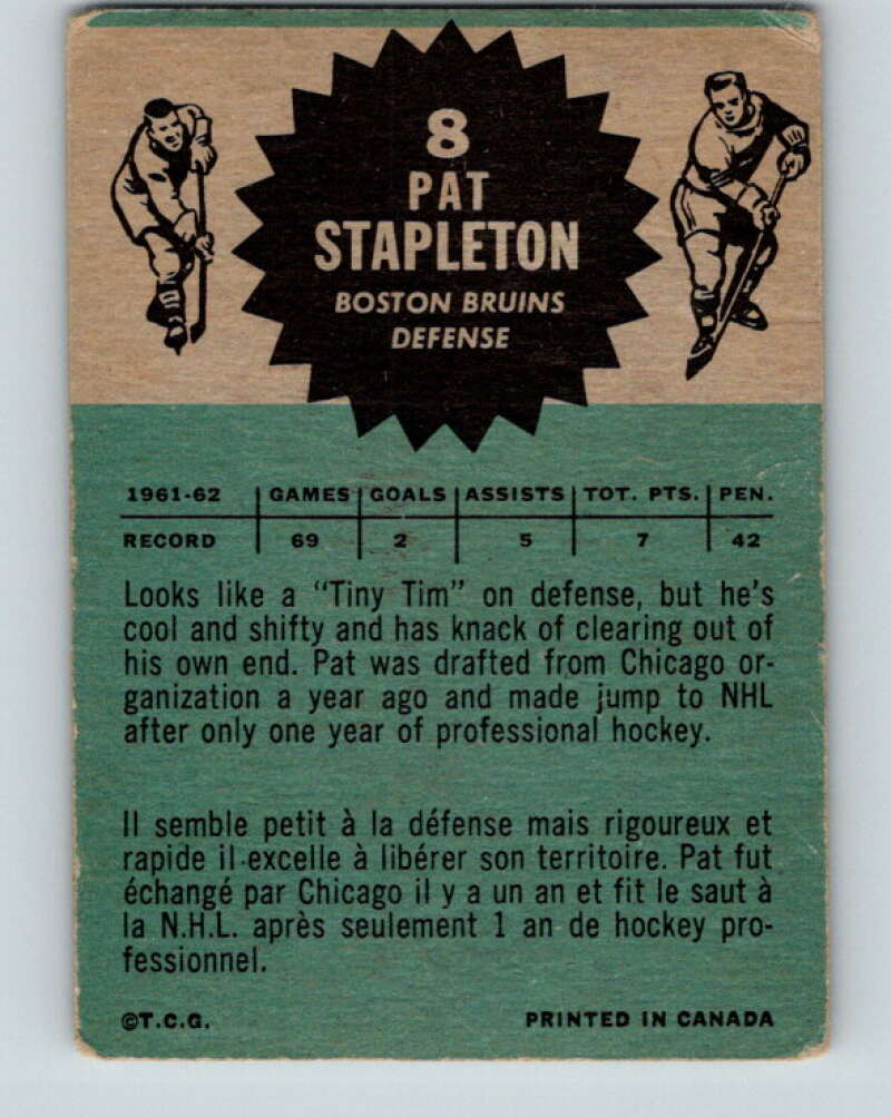 1962-63 Topps #8 Pat Stapleton Boston Bruins V44