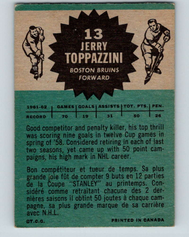 1962-63 Topps #13 Jerry Toppazzini Boston Bruins V49