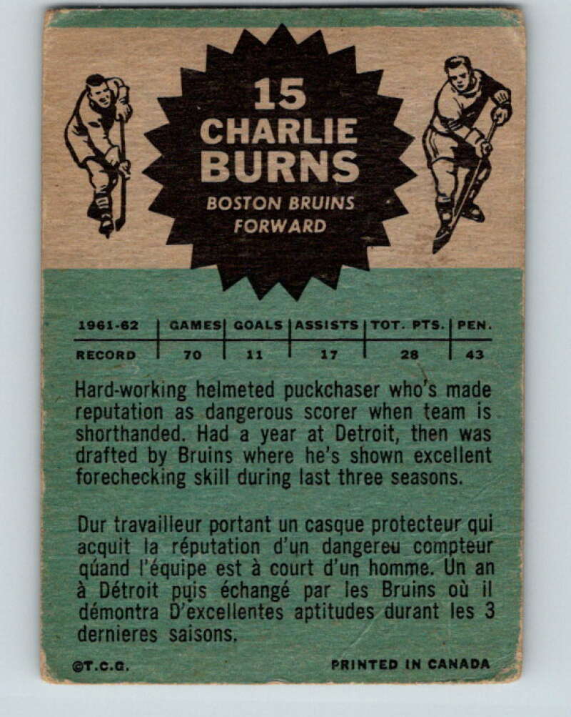 1962-63 Topps #15 Charlie Burns Boston Bruins V51