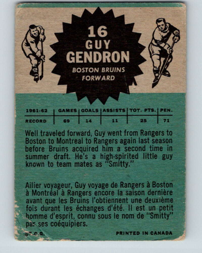 1962-63 Topps #16 Jean-Guy Gendron Boston Bruins V52