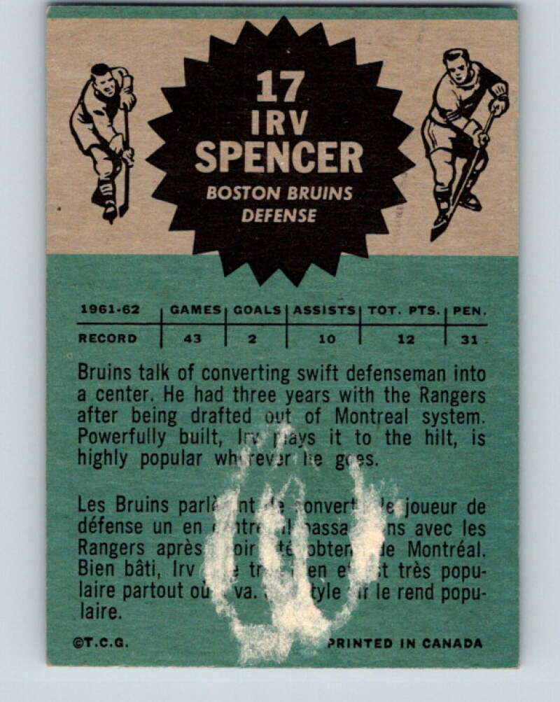 1962-63 Topps #17 Irv Spencer Boston Bruins V53