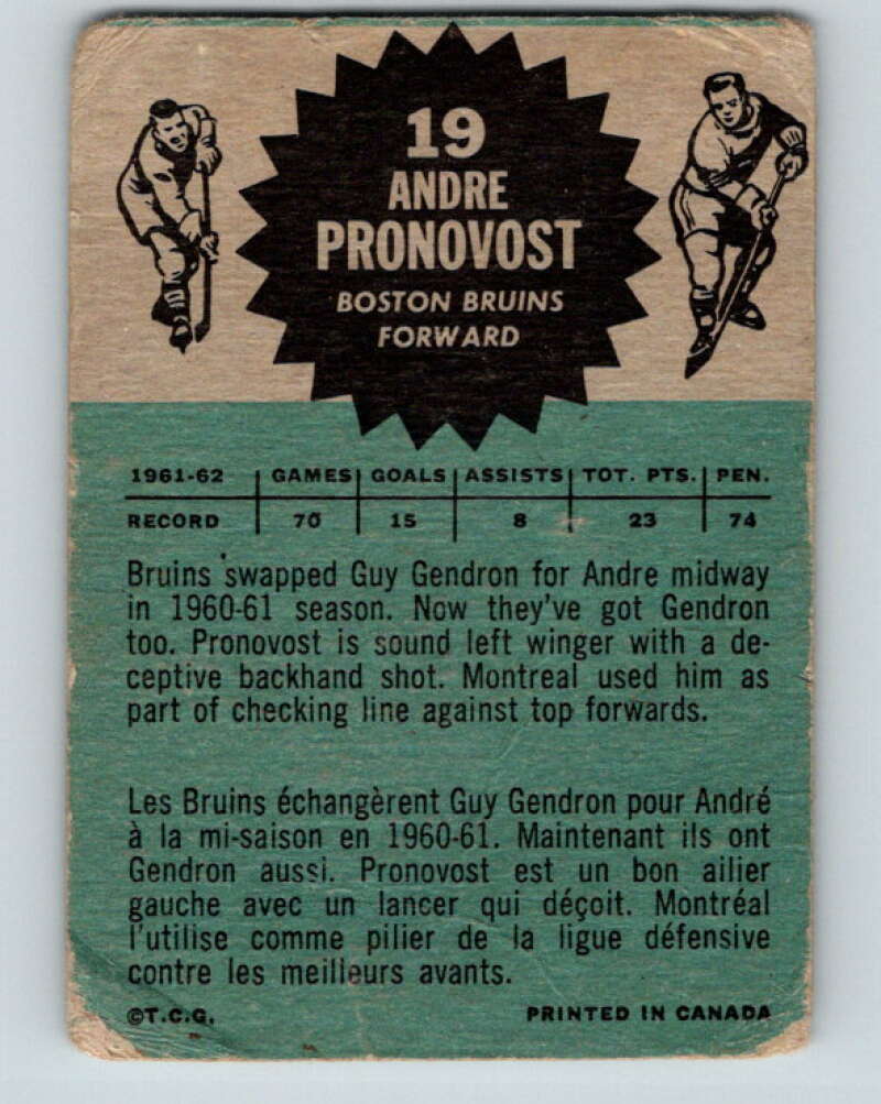 1962-63 Topps #19 Andre Pronovost Boston Bruins V56