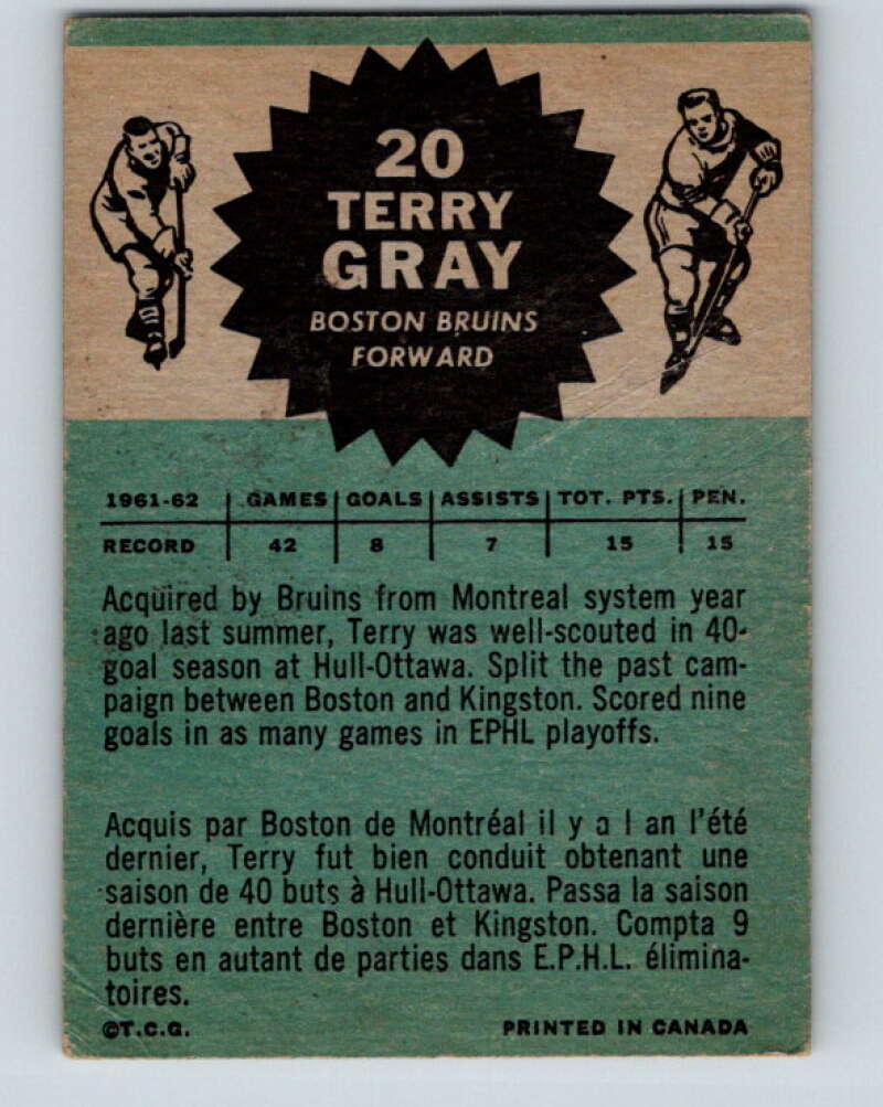 1962-63 Topps #20 Terry Gray Boston Bruins V57