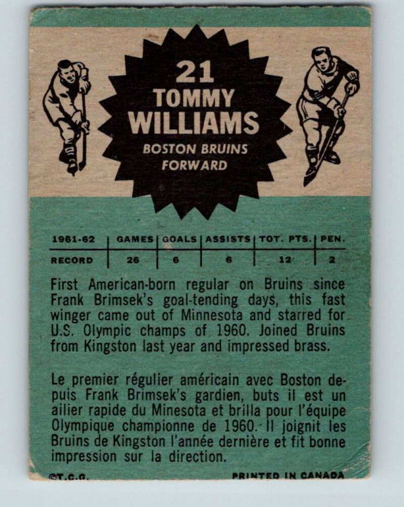 1962-63 Topps #21 Tom Williams RC Rookie Boston Bruins V58