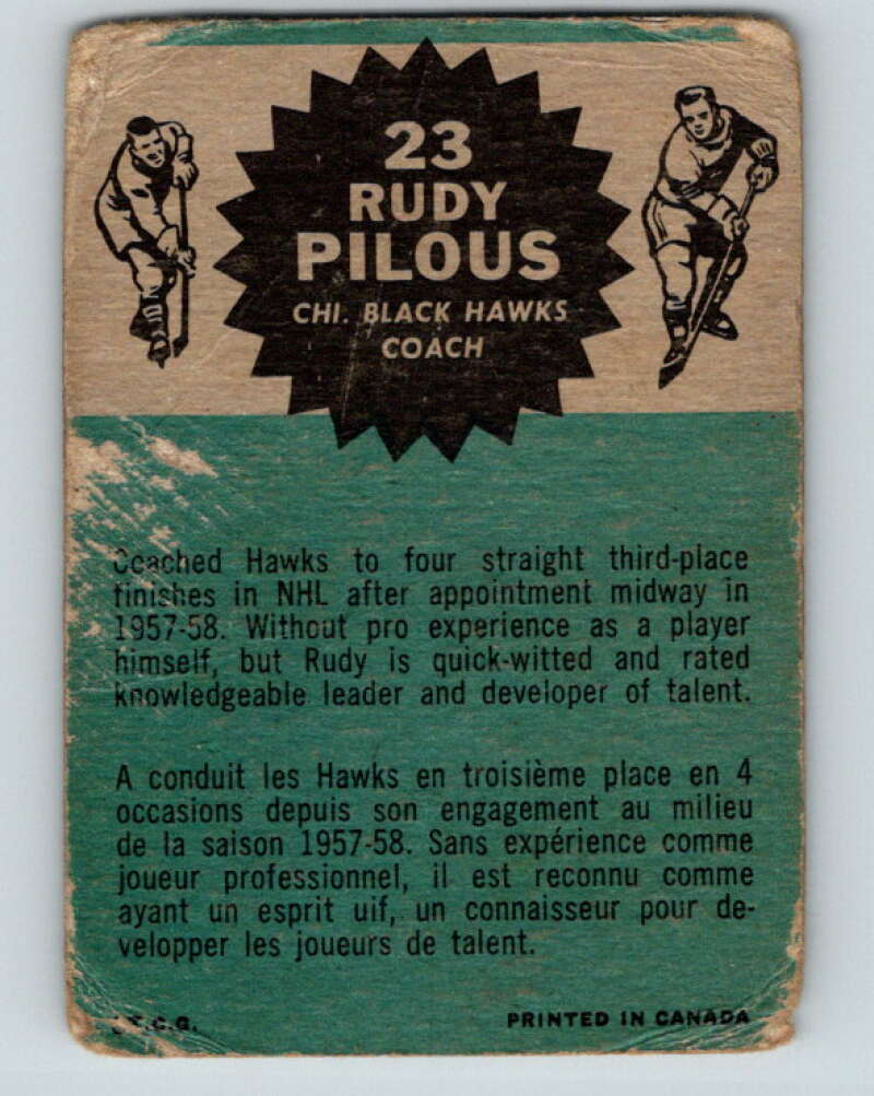 1962-63 Topps #23 Rudy Pilous CO Chicago Blackhawks V61