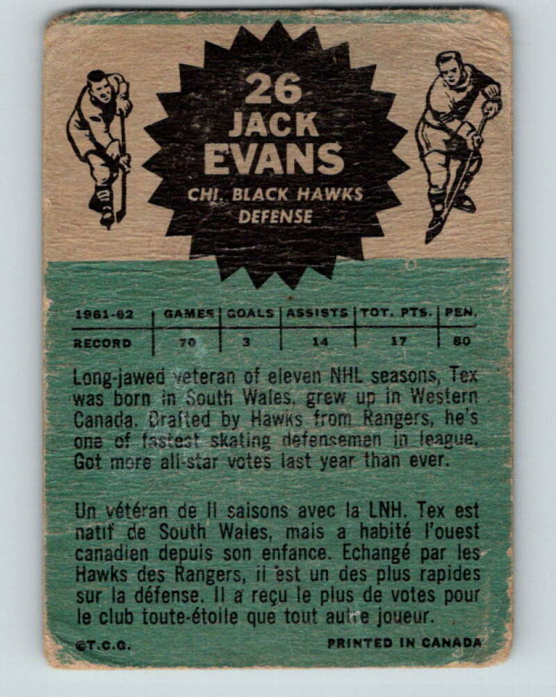 1962-63 Topps #26 Jack Evans Chicago Blackhawks V63