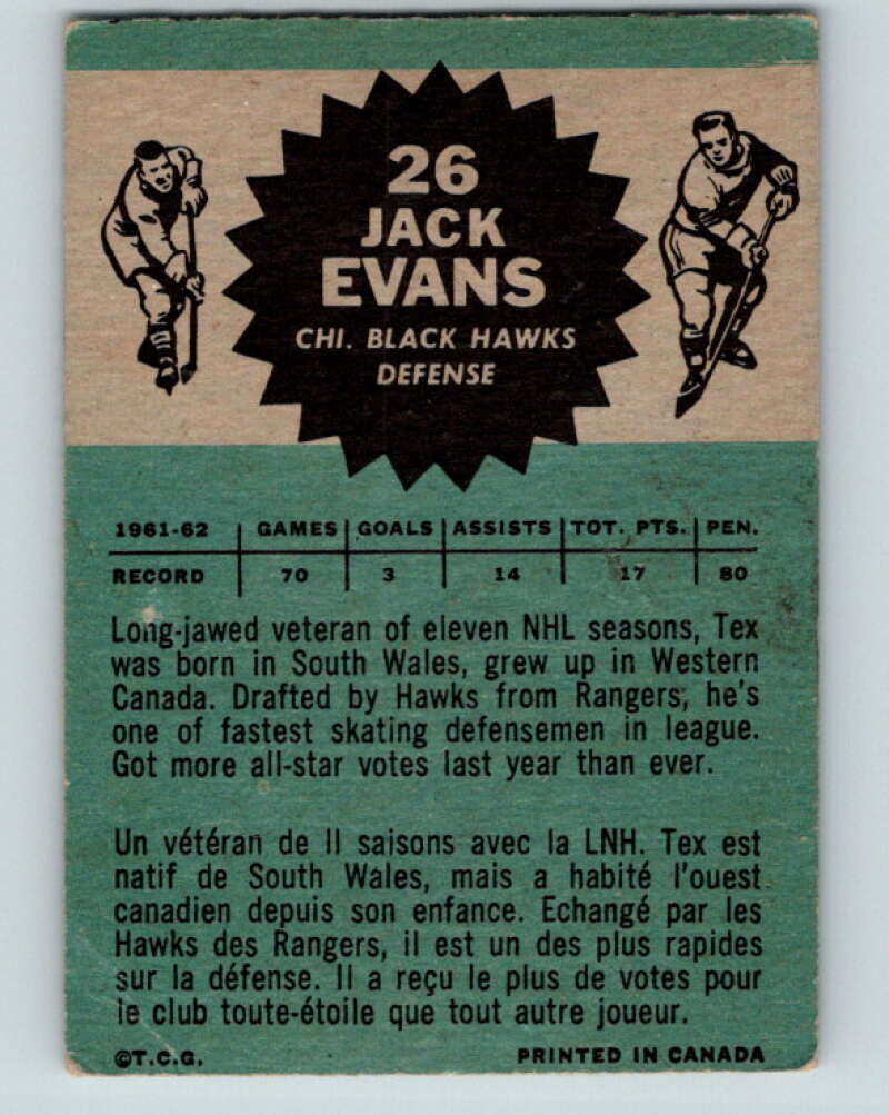 1962-63 Topps #26 Jack Evans Chicago Blackhawks V64