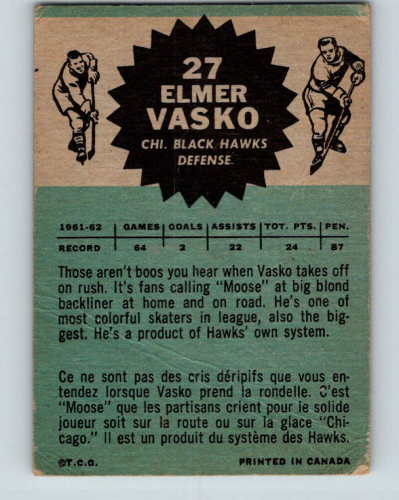 1962-63 Topps #27 Elmer Vasko Chicago Blackhawks V65