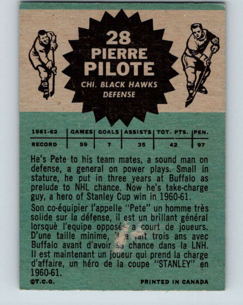 1962-63 Topps #28 Pierre Pilote Chicago Blackhawks V66