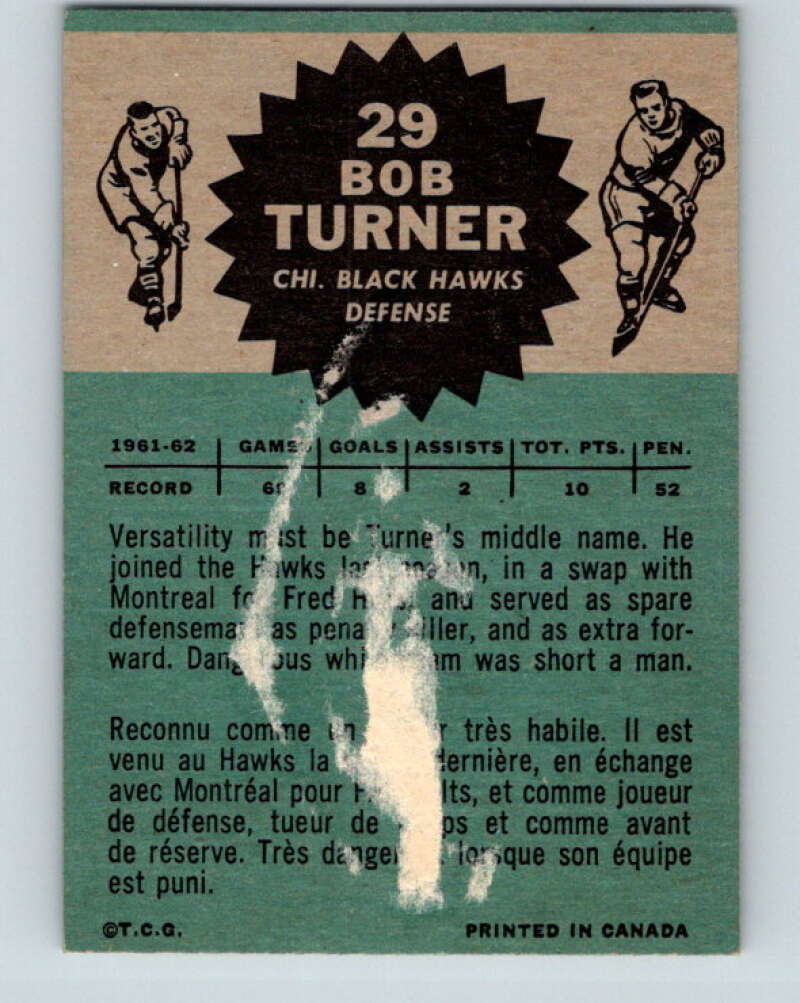1962-63 Topps #29 Bob Turner Chicago Blackhawks V67