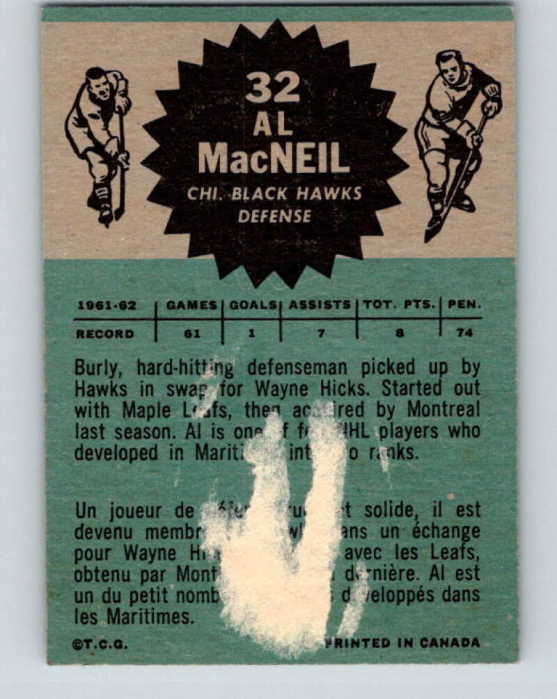 1962-63 Topps #32 Al MacNeil Chicago Blackhawks V70