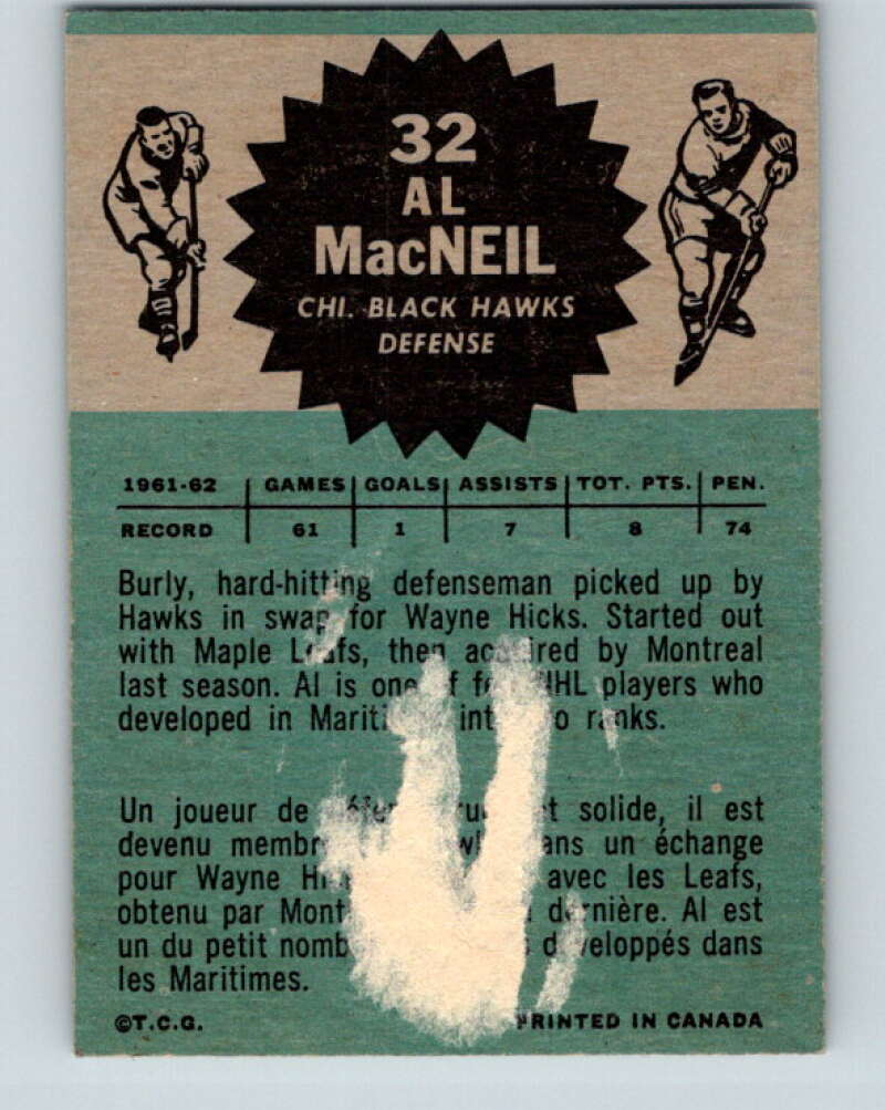 1962-63 Topps #32 Al MacNeil  Chicago Blackhawks  V70