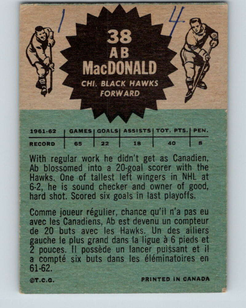 1962-63 Topps #38 Ab McDonald Chicago Blackhawks V75
