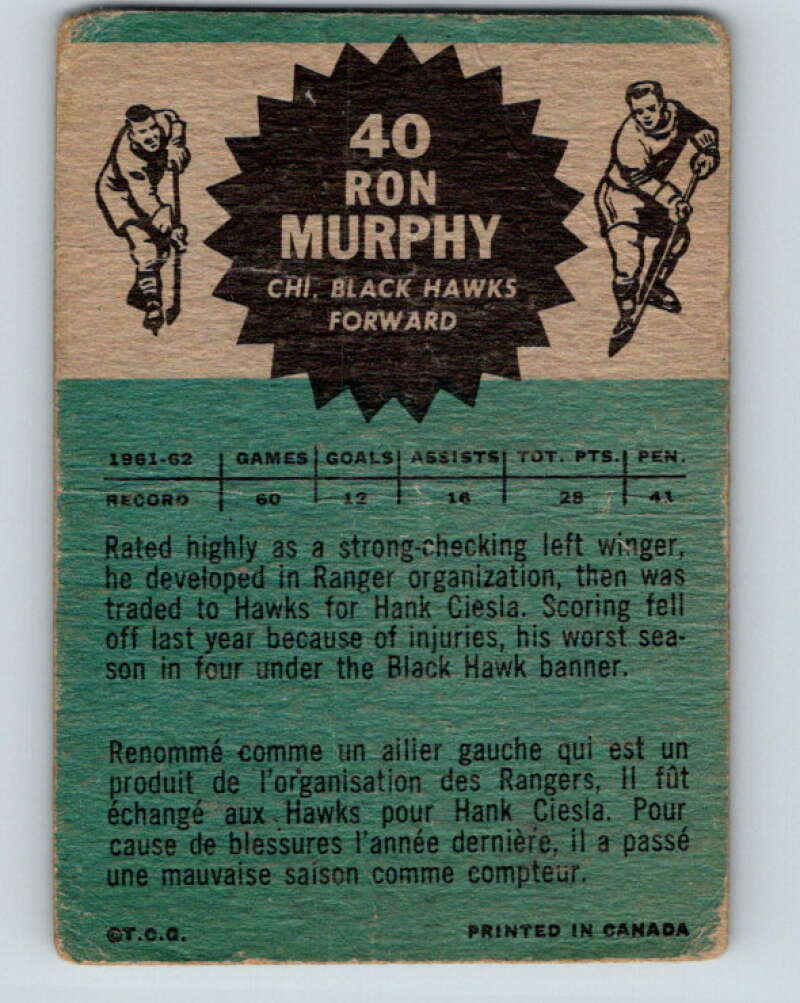 1962-63 Topps #40 Ron Murphy Chicago Blackhawks V77