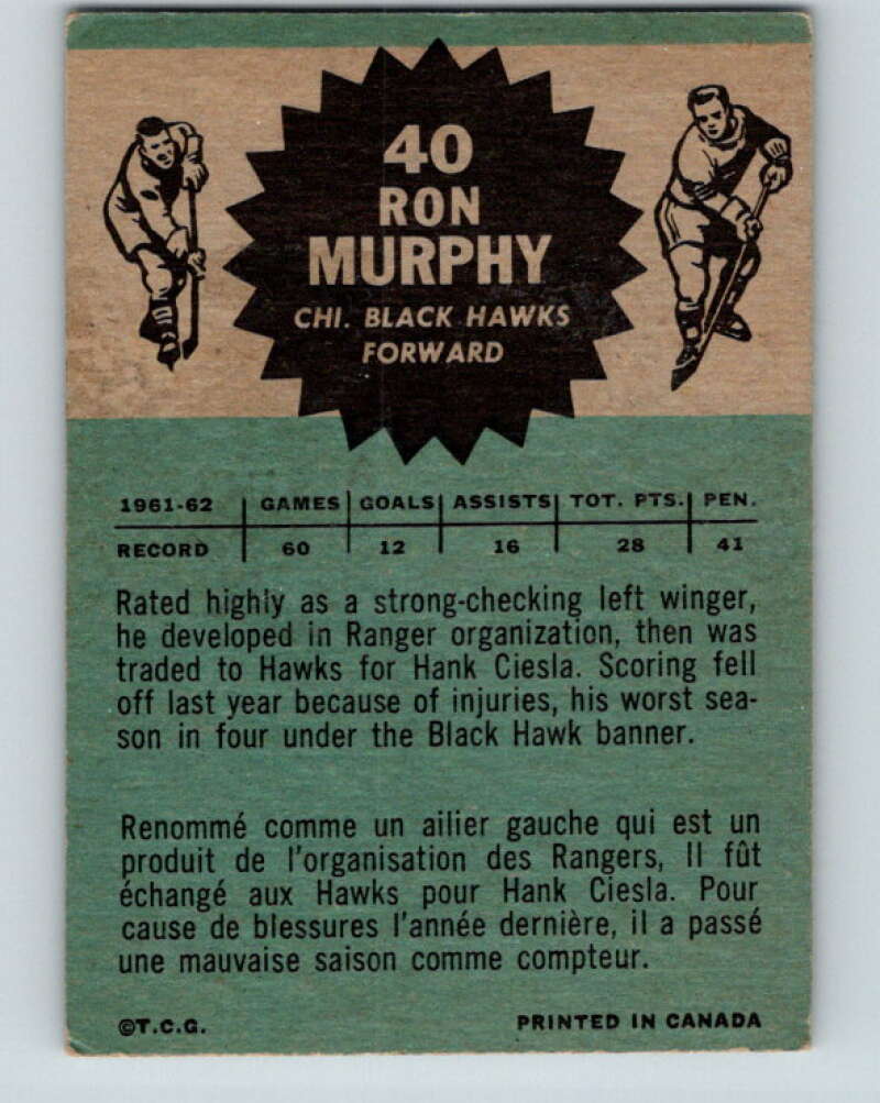 1962-63 Topps #40 Ron Murphy Chicago Blackhawks V78