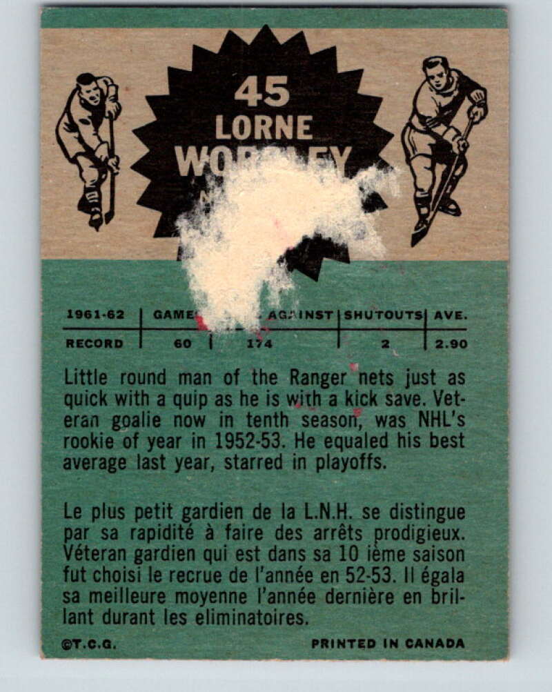 1962-63 Topps #45 Gump Worsley New York Rangers V83