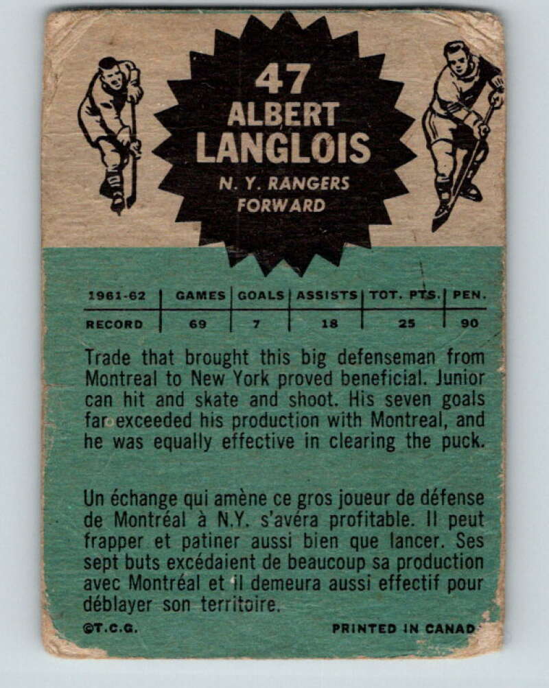 1962-63 Topps #47 Albert Langlois New York Rangers V85