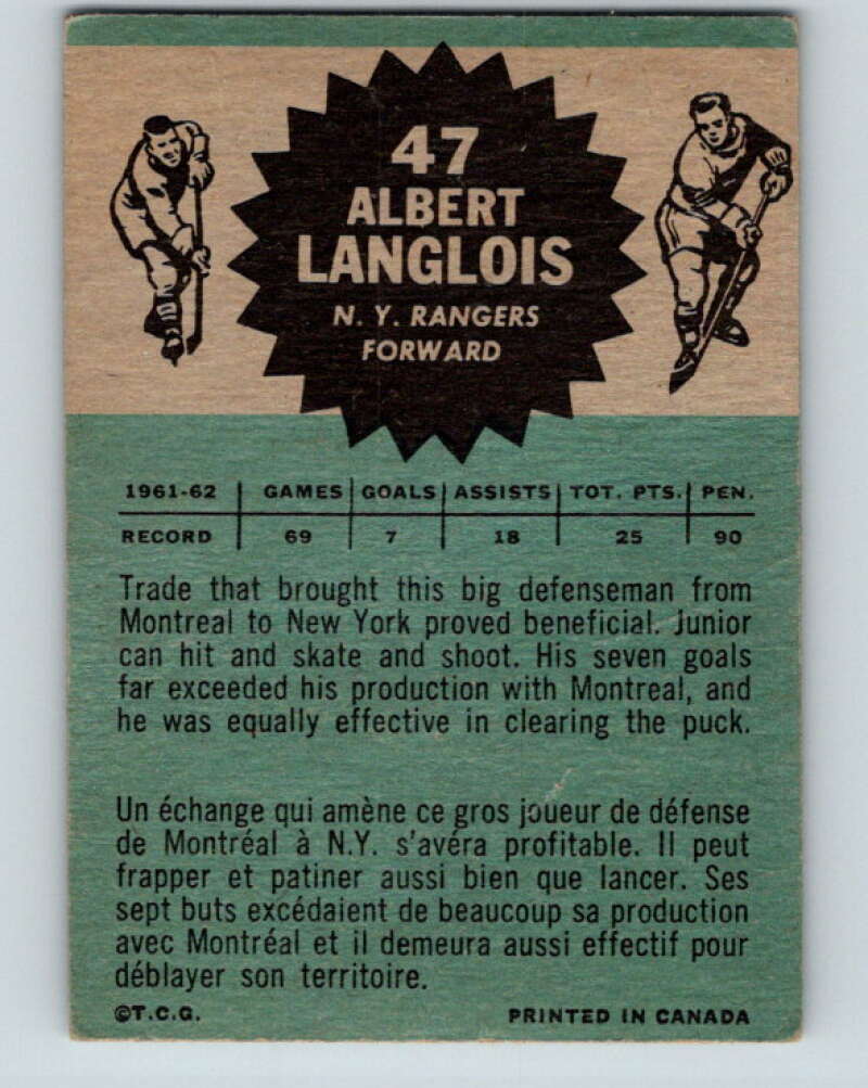 1962-63 Topps #47 Albert Langlois New York Rangers V86