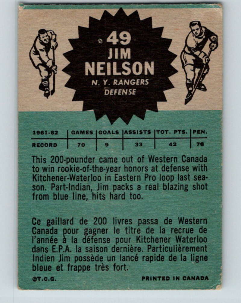 1962-63 Topps #49 Jim Neilson RC Rookie New York Rangers V88
