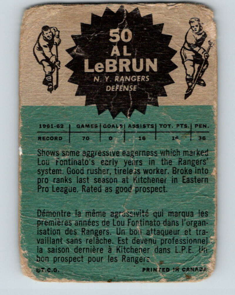 1962-63 Topps #50 Al LeBrun New York Rangers V90