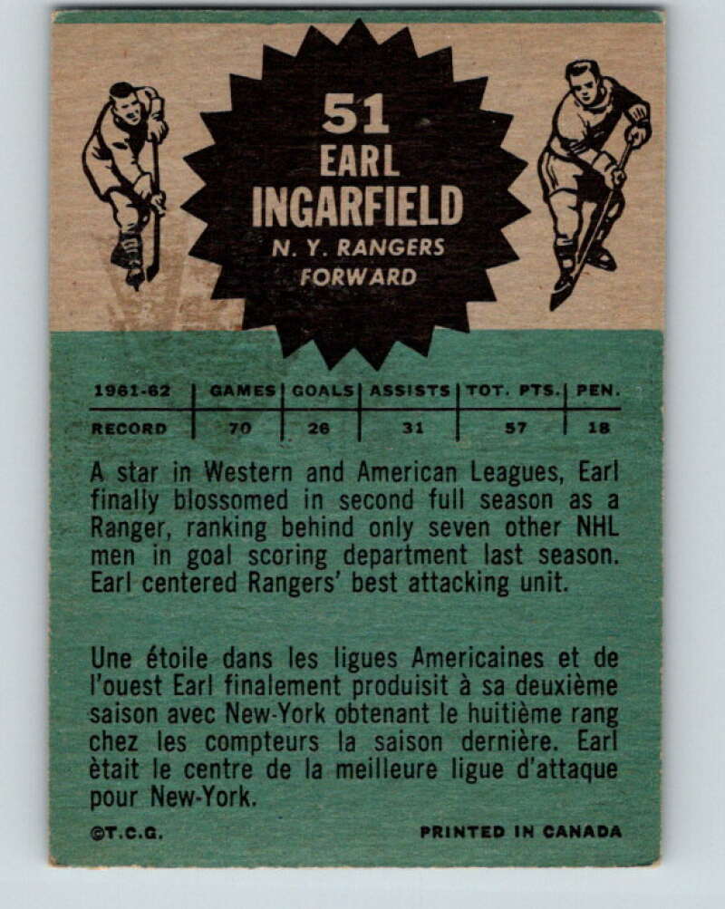 1962-63 Topps #51 Earl Ingarfield New York Rangers V92