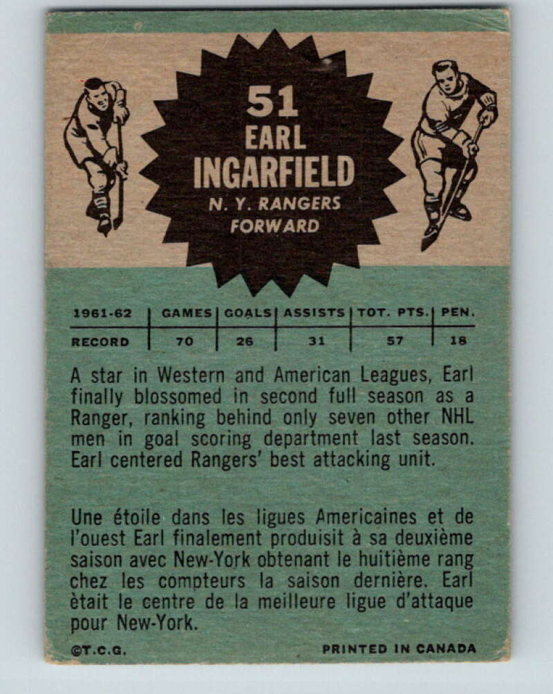 1962-63 Topps #51 Earl Ingarfield  New York Rangers  V93
