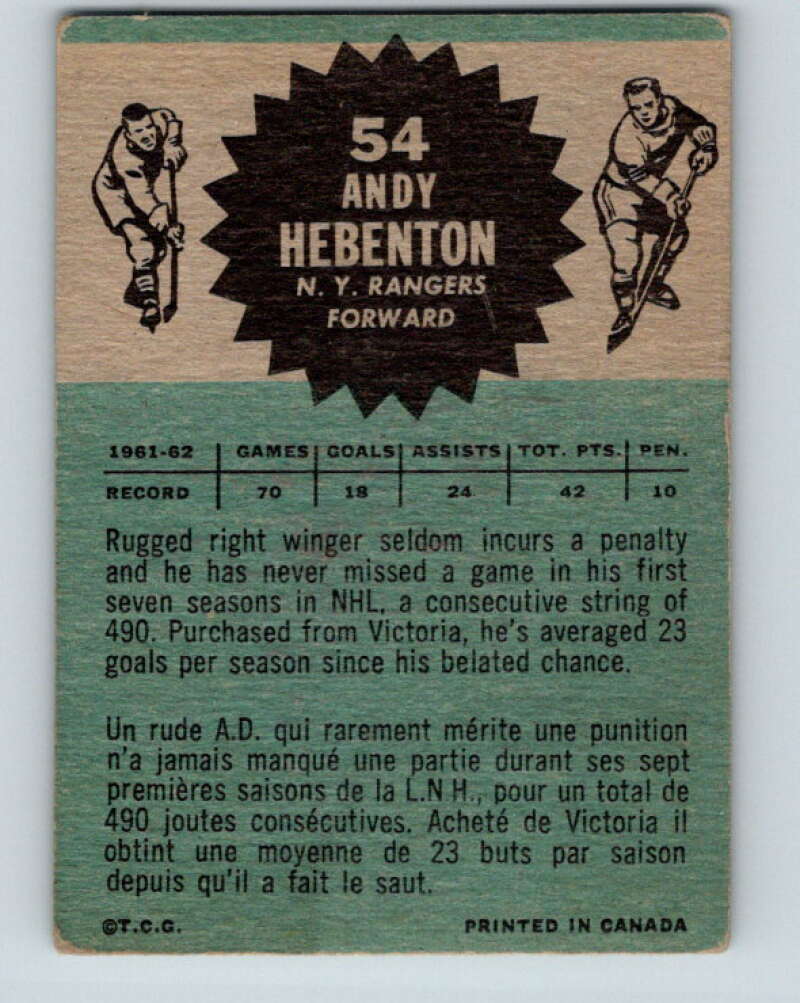 1962-63 Topps #54 Andy Hebenton New York Rangers V96