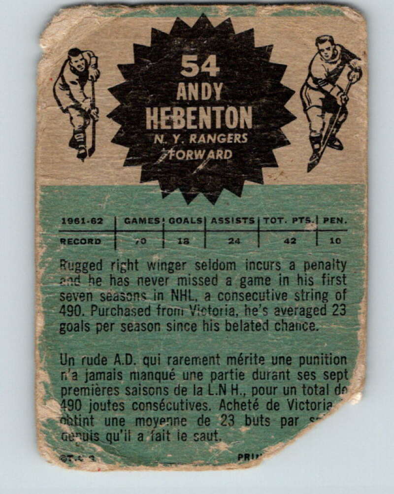 1962-63 Topps #54 Andy Hebenton New York Rangers V97