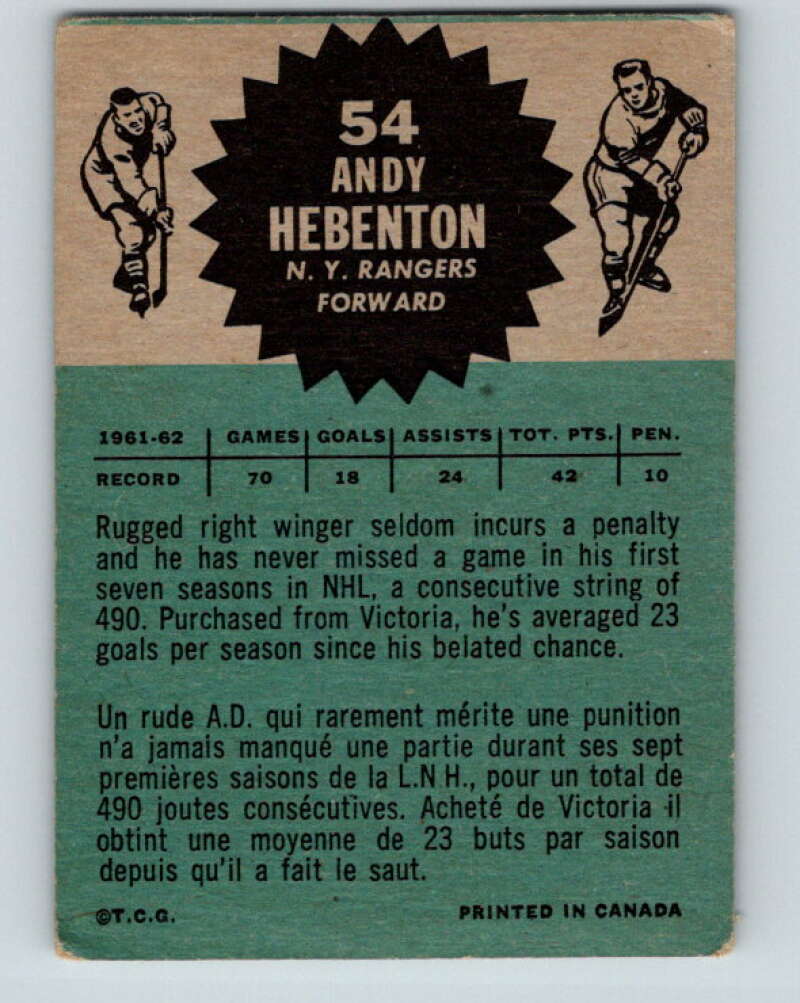 1962-63 Topps #54 Andy Hebenton New York Rangers V98