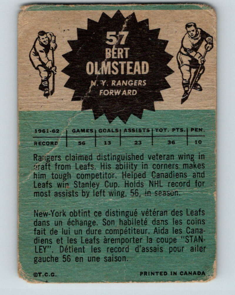 1962-63 Topps #57 Bert Olmstead New York Rangers V101